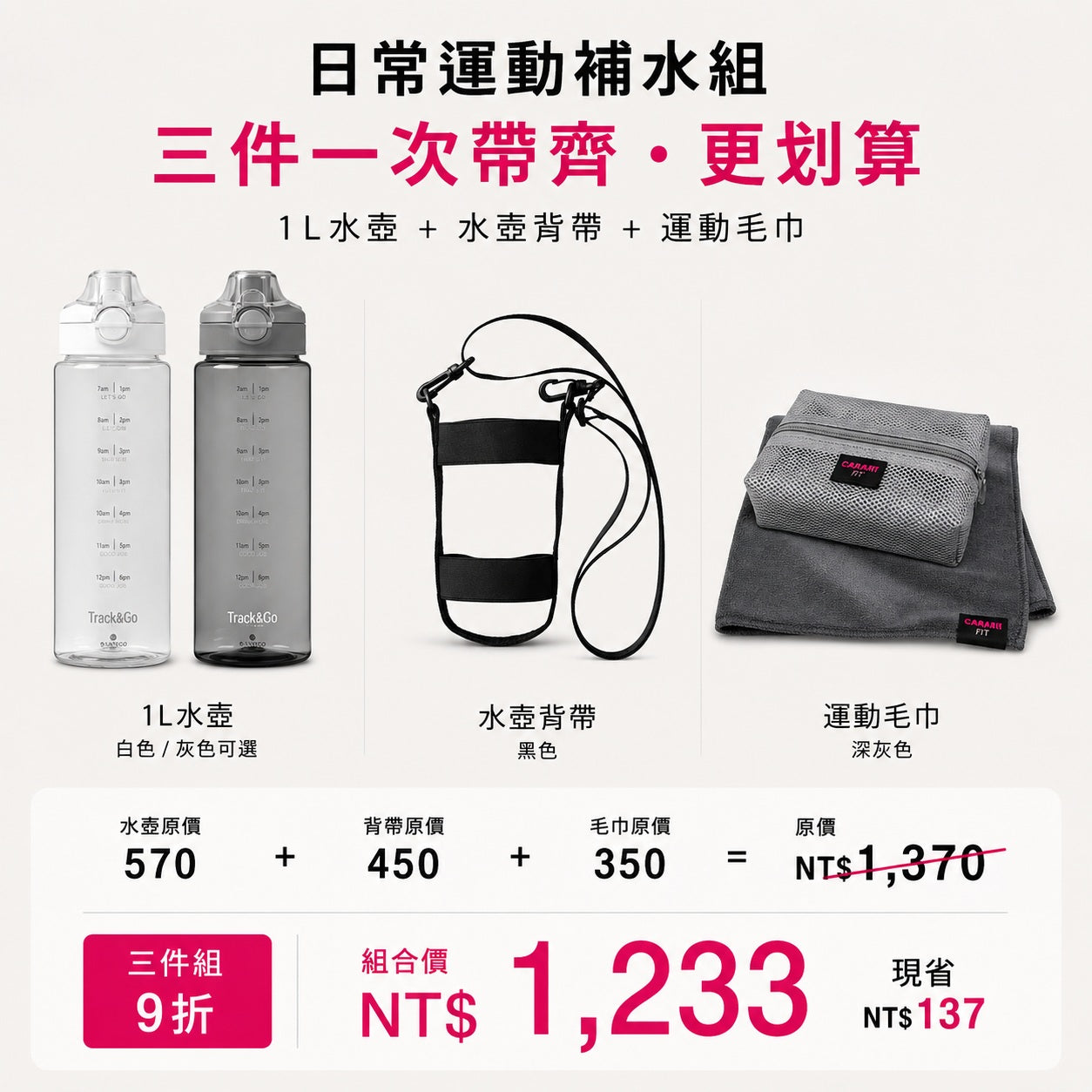 日本品牌 SANTECO Track & Go 1L 時間刻度水壺｜1000ml 冷水瓶